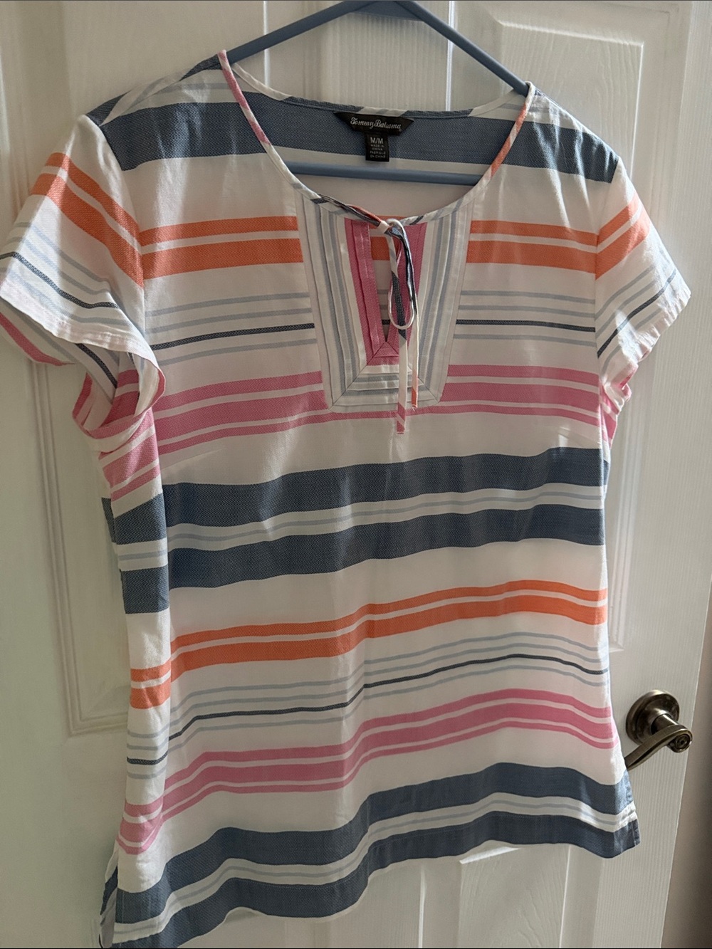 Tommy Bahama White Striped Tunic with Pink Orange and Navy Accents